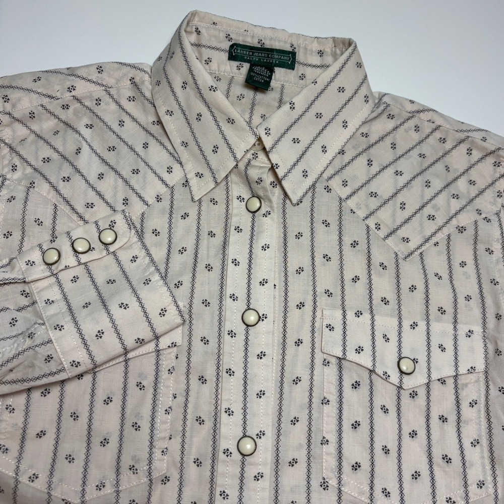 Ralph Lauren Jean Co Western Pearl Snap Shirt Womans S Cream Geometric Stripe